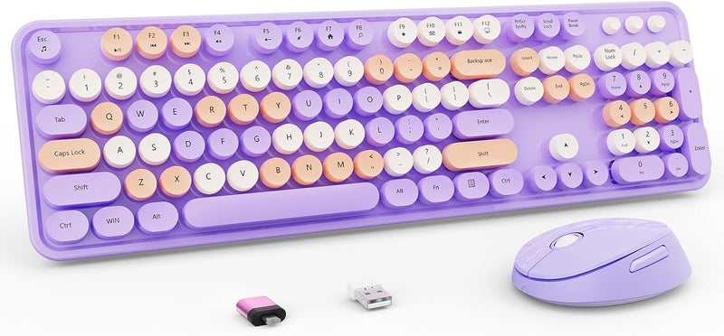 Nowlike Wireless Keyboard and Mouse Combo, Retro Typewriter Keyboard with Round Keycaps, Full-Size Ergonomic, Purple, Ideal for Windows PC, Home, Office, and College - Image 1